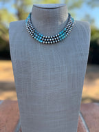 Handcrafted Kingman Turquoise & Sterling Silver Pearl 6mm Beaded Necklace 16"