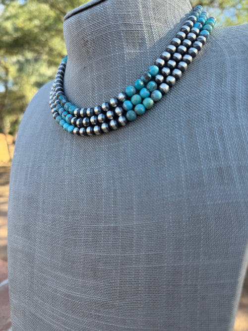 Handcrafted Kingman Turquoise & Sterling Silver Pearl 6mm Beaded Necklace 16"