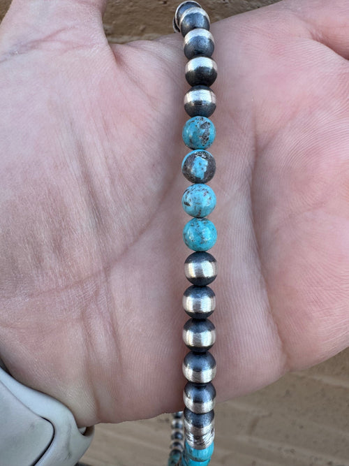 Handcrafted Kingman Turquoise & Sterling Silver Pearl 6mm Beaded Necklace 16"