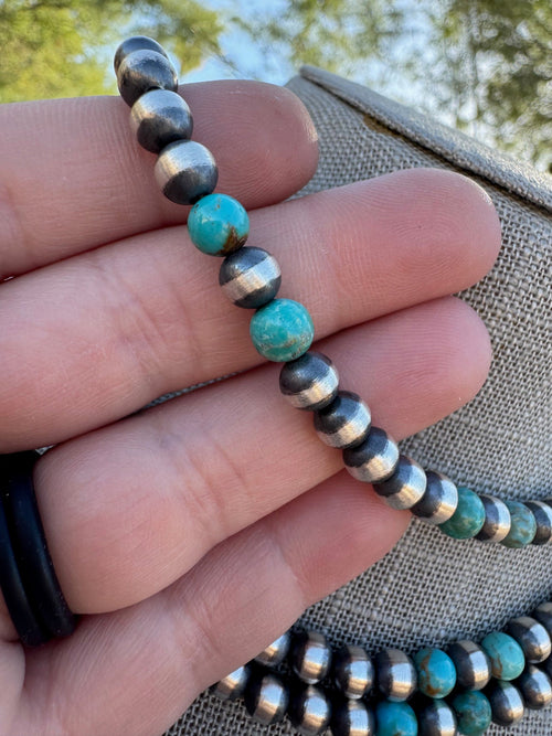 Handcrafted Kingman Turquoise & Sterling Silver Pearl 6mm Beaded Necklace 16"