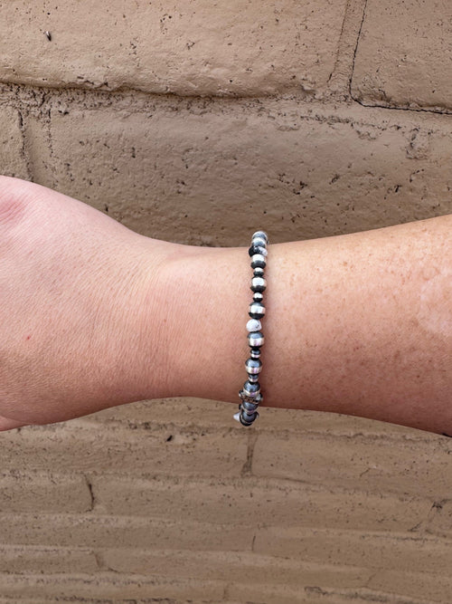 Handcrafted White Buffalo & Sterling Silver Pearl 3&5mm Beaded Bracelet 7.5"