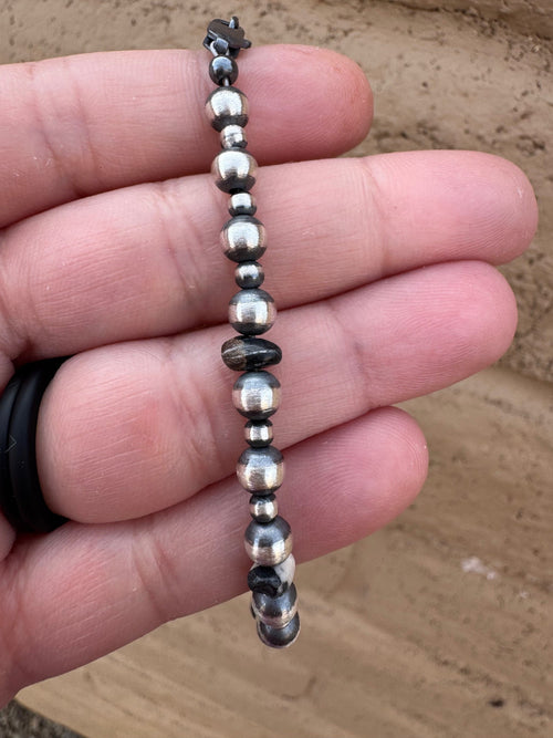 Handcrafted White Buffalo & Sterling Silver Pearl 3&5mm Beaded Bracelet 7.5"