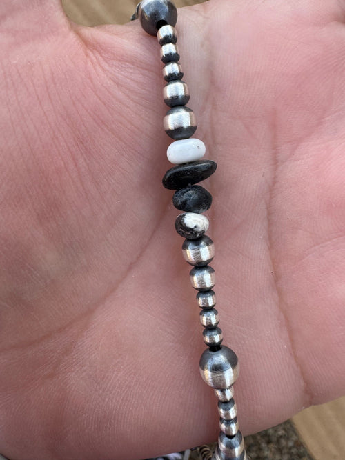 Handcrafted White Buffalo & Sterling Silver Pearl 3-6mm Beaded Bracelet 7.5"