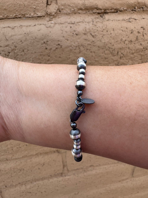 Handcrafted White Buffalo & Sterling Silver Pearl 4&6mm Beaded Bracelet 7.5"