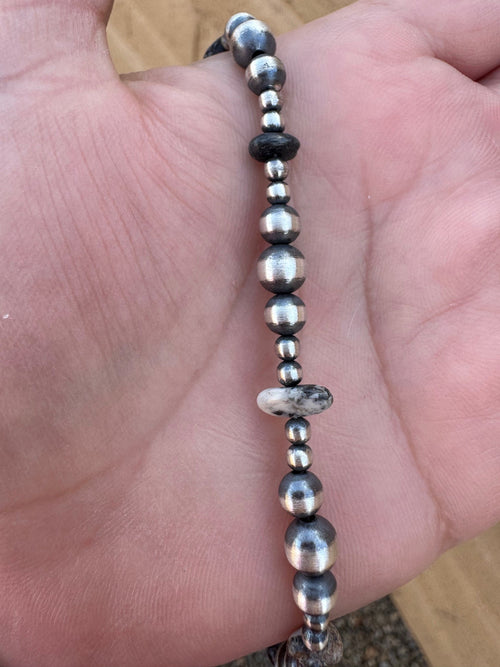 Handcrafted White Buffalo & Sterling Silver Pearl 3-6mm Beaded Bracelet 7.5"