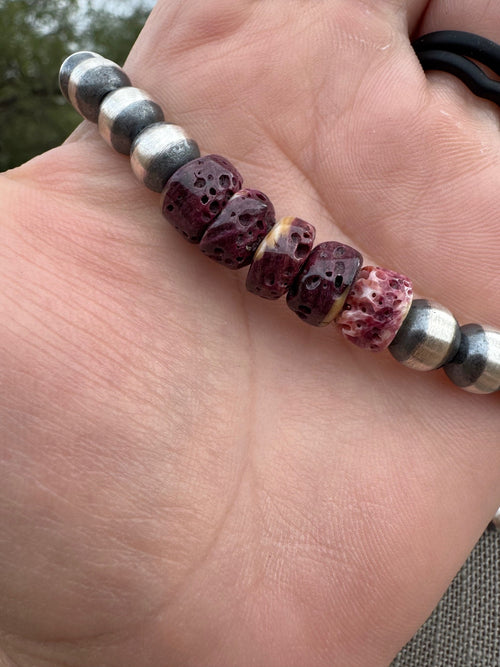 Handcrafted Sterling Silver Pearl & Purple Spiny 8mm Beaded Necklace