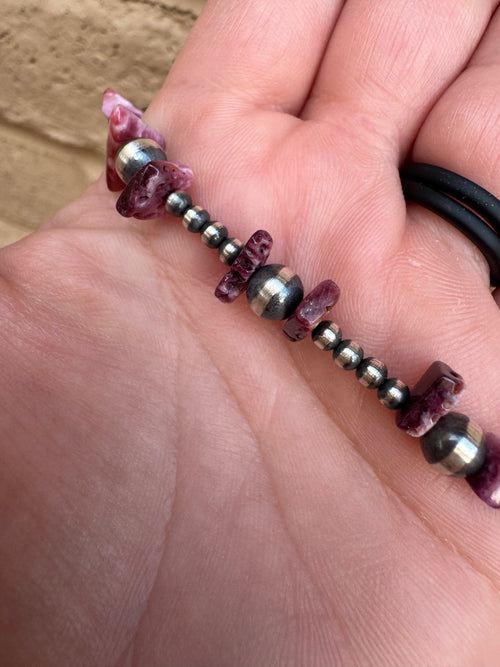 Handcrafted Flat Purple Spiny & Sterling Silver Pearl 3mm & 6mm Beaded Bracelet 7.5"