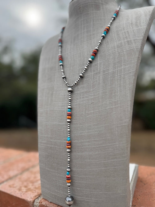 Handcrafted Sterling Silver & Multi Stone Beaded Lariat Necklace 20"