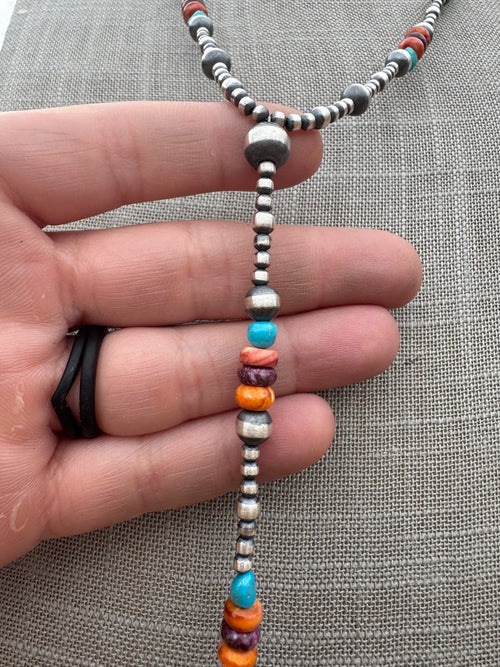 Handcrafted Sterling Silver & Multi Stone Beaded Lariat Necklace 20"