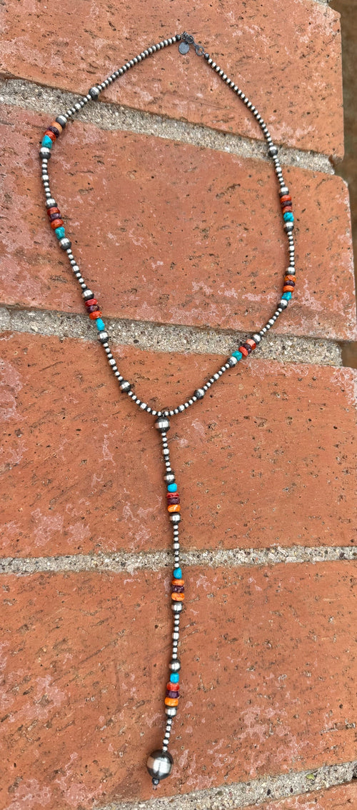 Handcrafted Sterling Silver & Multi Stone Beaded Lariat Necklace 20"