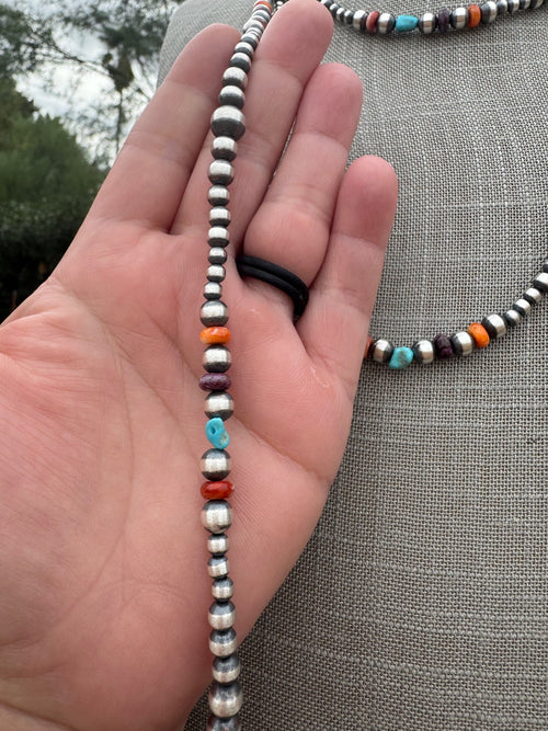 Handcrafted Multi Stone & Sterling Silver 4-8mm Beaded Necklace 72"