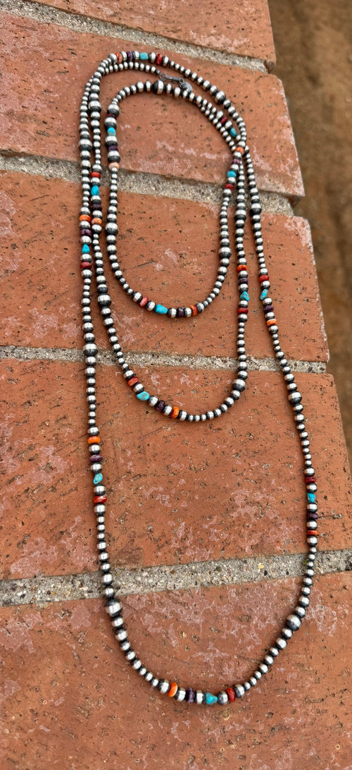 Handcrafted Multi Stone & Sterling Silver 4-8mm Beaded Necklace 72"