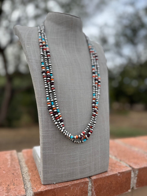 Handcrafted Multi Stone & Sterling Silver 4-6mm Beaded Necklace 30"