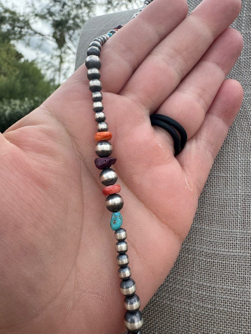 Handcrafted Multi Stone & Sterling Silver 4-8mm Beaded Necklace 30"