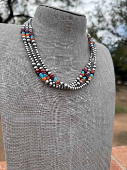 Handcrafted Multi Stone & Sterling Silver 4-6mm Beaded Necklace 18"