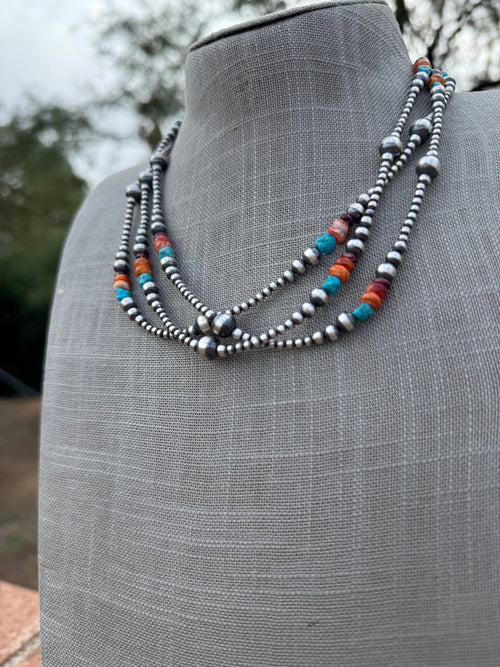 Handcrafted Multi Stone & Sterling Silver 3-8mm Beaded Necklace 18"