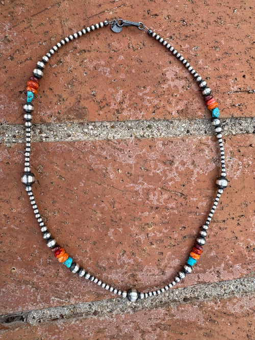 Handcrafted Multi Stone & Sterling Silver 3-8mm Beaded Necklace 18"
