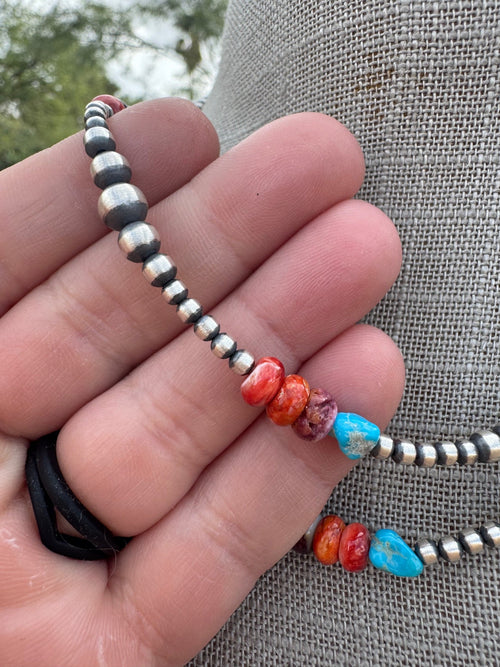 Handcrafted Multi Stone & Sterling Silver 3-6mm Beaded Necklace 16"