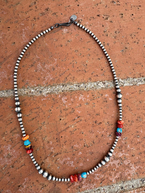 Handcrafted Multi Stone & Sterling Silver 3-6mm Beaded Necklace 16"