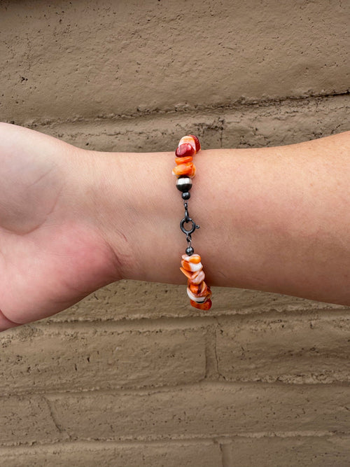 Handcrafted Orange Spiny & Sterling Silver 6mm Beaded Bracelet 7.5"
