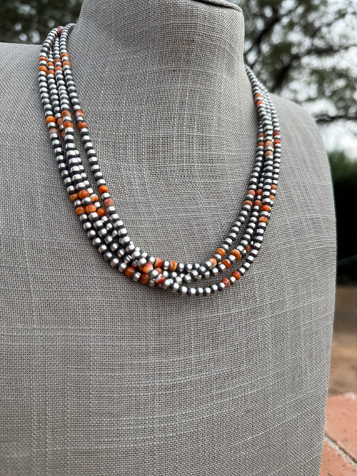 Handcrafted Orange Spiny & Sterling Silver 4mm Beaded Necklace 20"