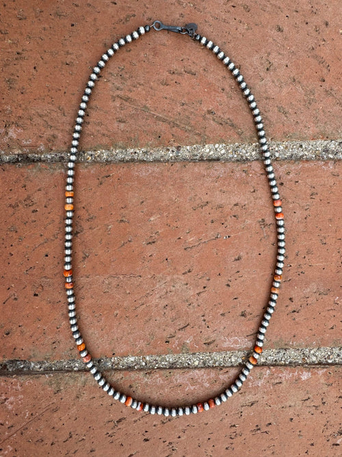Handcrafted Orange Spiny & Sterling Silver 4mm Beaded Necklace 20"