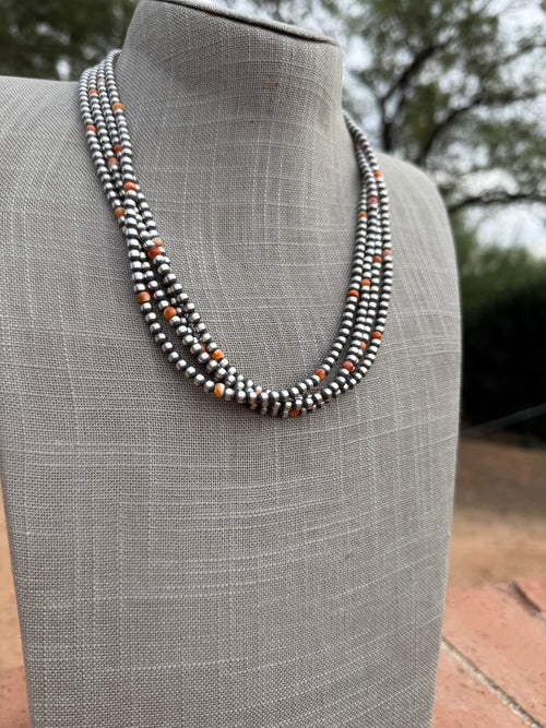 Handcrafted Orange Spiny & Sterling Silver 4mm Beaded Necklace 20"