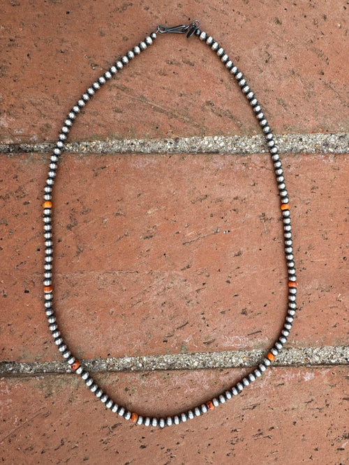 Handcrafted Orange Spiny & Sterling Silver 4mm Beaded Necklace 20"