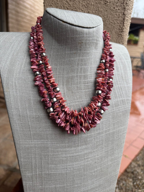 Handcrafted Purple Spiny Oyster and Sterling Silver Pearl 6-8mm Beaded Necklace 20"