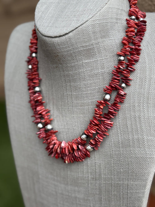 Handcrafted Red Spiny Oyster and Sterling Silver Pearl 5-8mm Beaded Necklace 18"