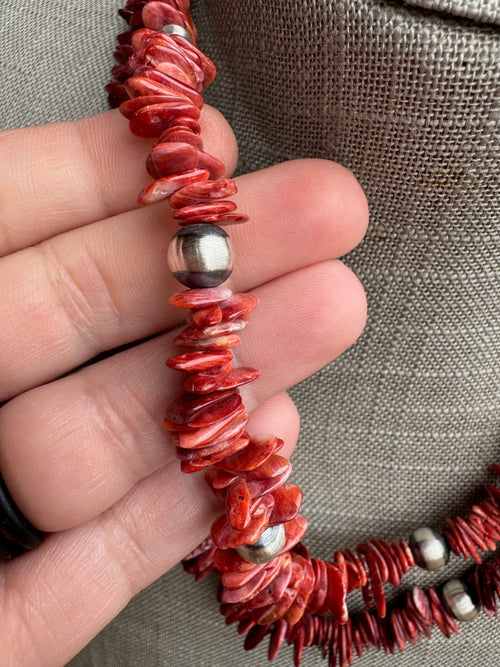 Handcrafted Red Spiny Oyster and Sterling Silver Pearl 5-8mm Beaded Necklace 18"