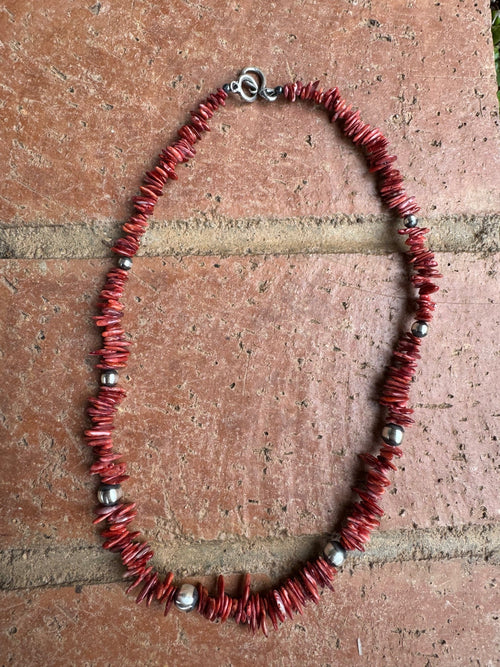Handcrafted Red Spiny Oyster and Sterling Silver Pearl 5-8mm Beaded Necklace 18"