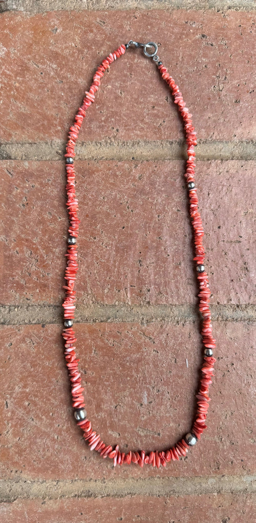 Handcrafted Coral and Sterling Silver Pearl 5-8mm Beaded Necklace 26"