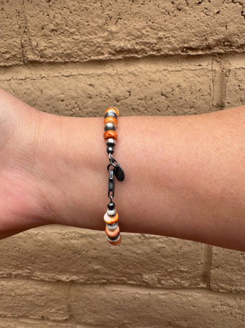 Handcrafted Orange Spiny & Sterling Silver 3-6mm Beaded Bracelet 7.5"