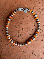 Handcrafted Orange Spiny & Sterling Silver 3-6mm Beaded Bracelet 7.5"