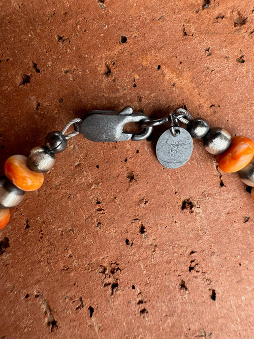 Handcrafted Orange Spiny & Sterling Silver 3-6mm Beaded Bracelet 7.5"