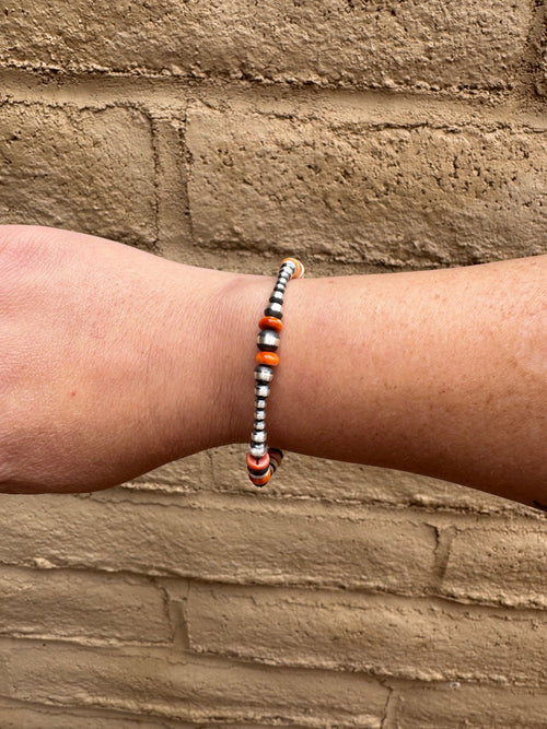 Handcrafted Orange Spiny & Sterling Silver 3-6mm Beaded Bracelet 7.5"