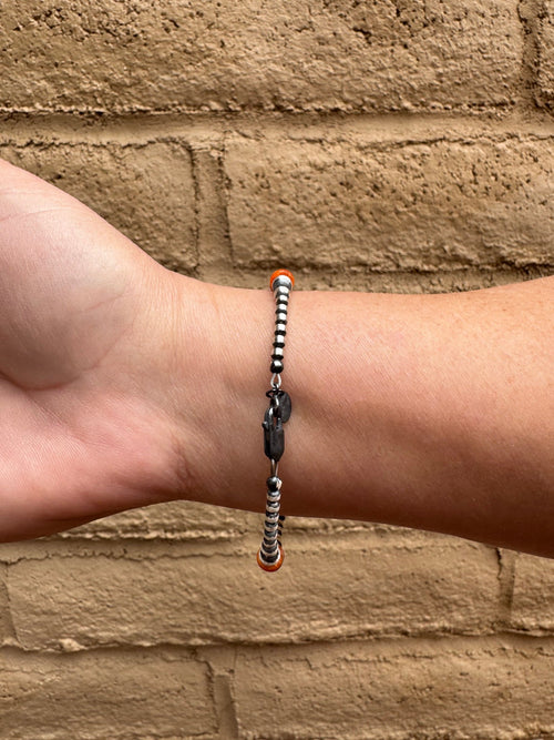 Handcrafted Orange Spiny & Sterling Silver 3-6mm Beaded Bracelet 7.5"