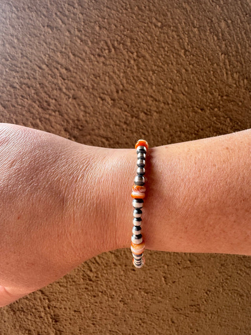 Handcrafted Orange Spiny & Sterling Silver 4-5mm Beaded Bracelet 7.5"