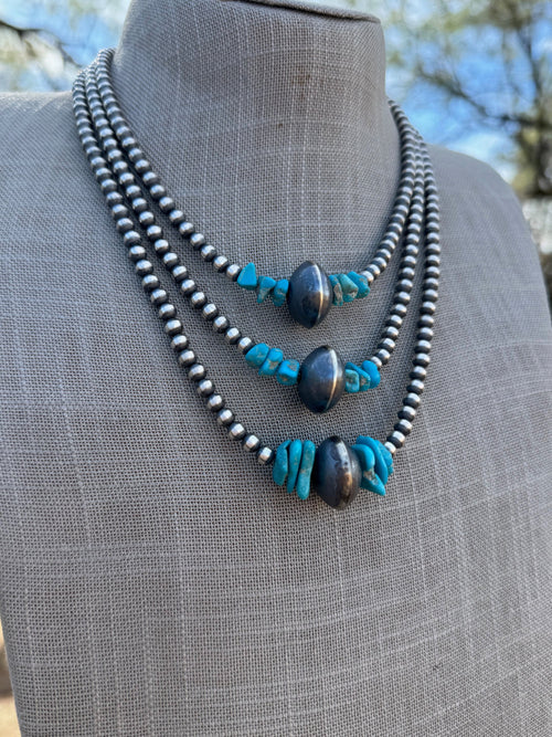 Handcrafted Kingman Turquoise & Sterling Silver 5-14mm Beaded Necklace