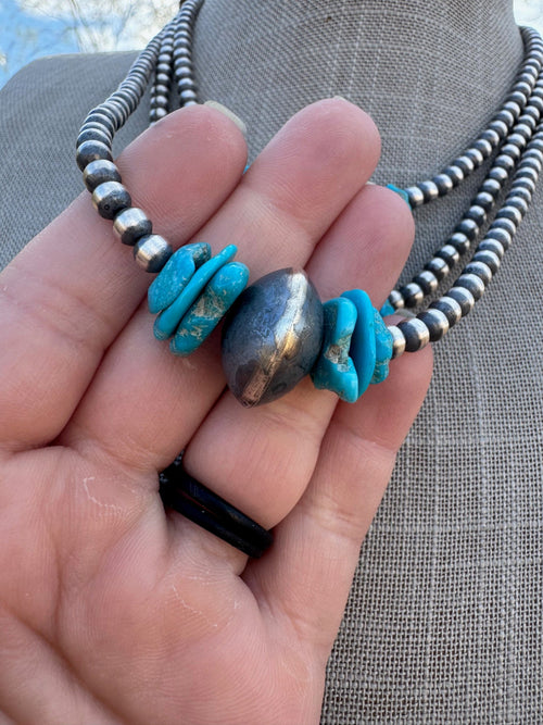 Handcrafted Kingman Turquoise & Sterling Silver 5-14mm Beaded Necklace