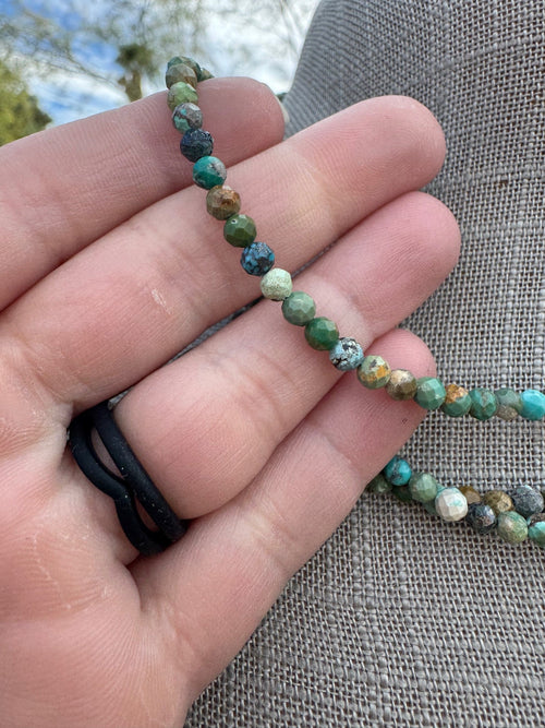 Handcrafted Diamond Cut Turquoise & Sterling Silver 4mm Beaded Necklace 16" with 2" extender
