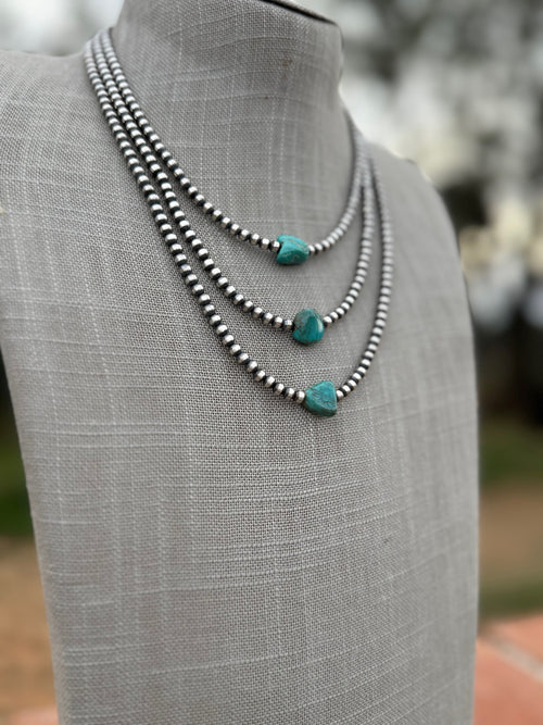 Handcrafted Kingman Turquoise & Sterling Silver 4mm Beaded Necklace