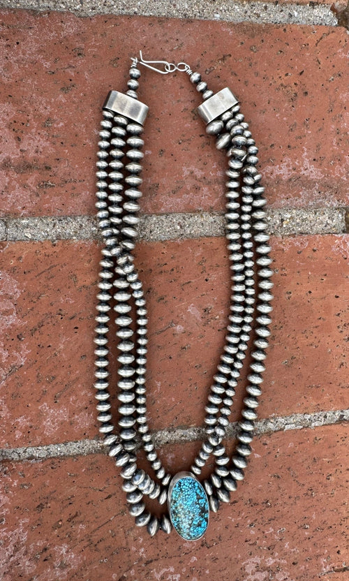 Handcrafted Kingman Webb Turquoise & Sterling Silver Beaded 3 Strand 6mm Beaded Necklace 20"