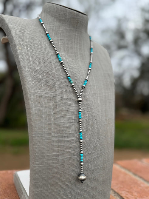 Handcrafted Turquoise & Sterling Silver 3-12mm Beaded Lariat Necklace 20"