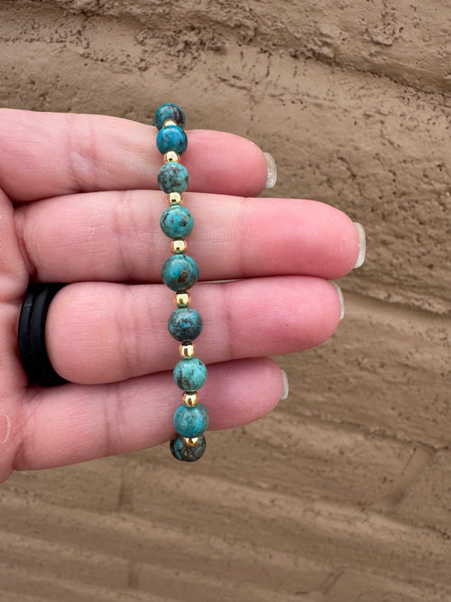 Handcrafted Hubei Turquoise 14k Gold Overlay & Sterling Silver Beaded Bracelet 7"