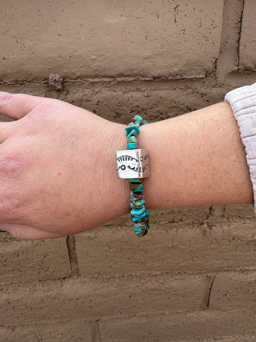 Handcrafted Chunky Turquoise & Sterling Silver Beaded Bracelet 8"