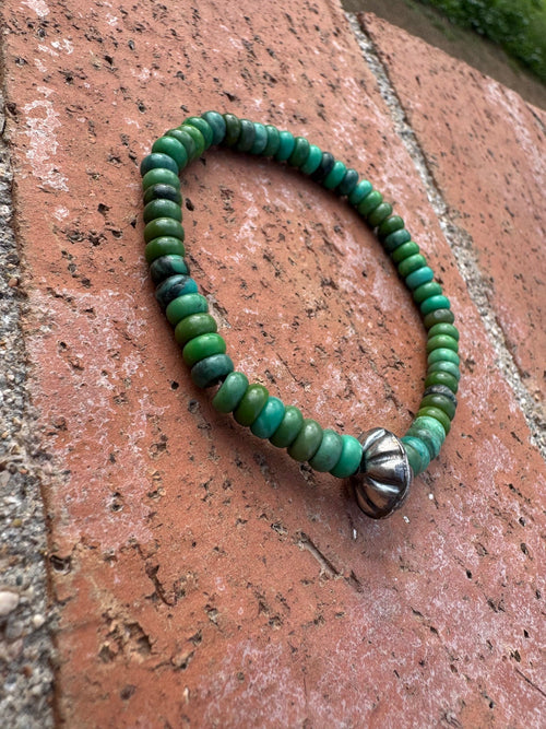 Handcrafted Rolled Green Turquoise Beaded Stretch Bracelet 8"