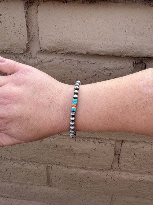 Handcrafted Spiny, Turquoise & Sterling Silver 5mm Beaded Bracelet 7.5"