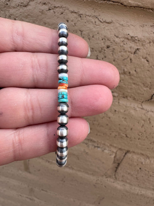 Handcrafted Spiny, Turquoise & Sterling Silver 5mm Beaded Bracelet 7.5"